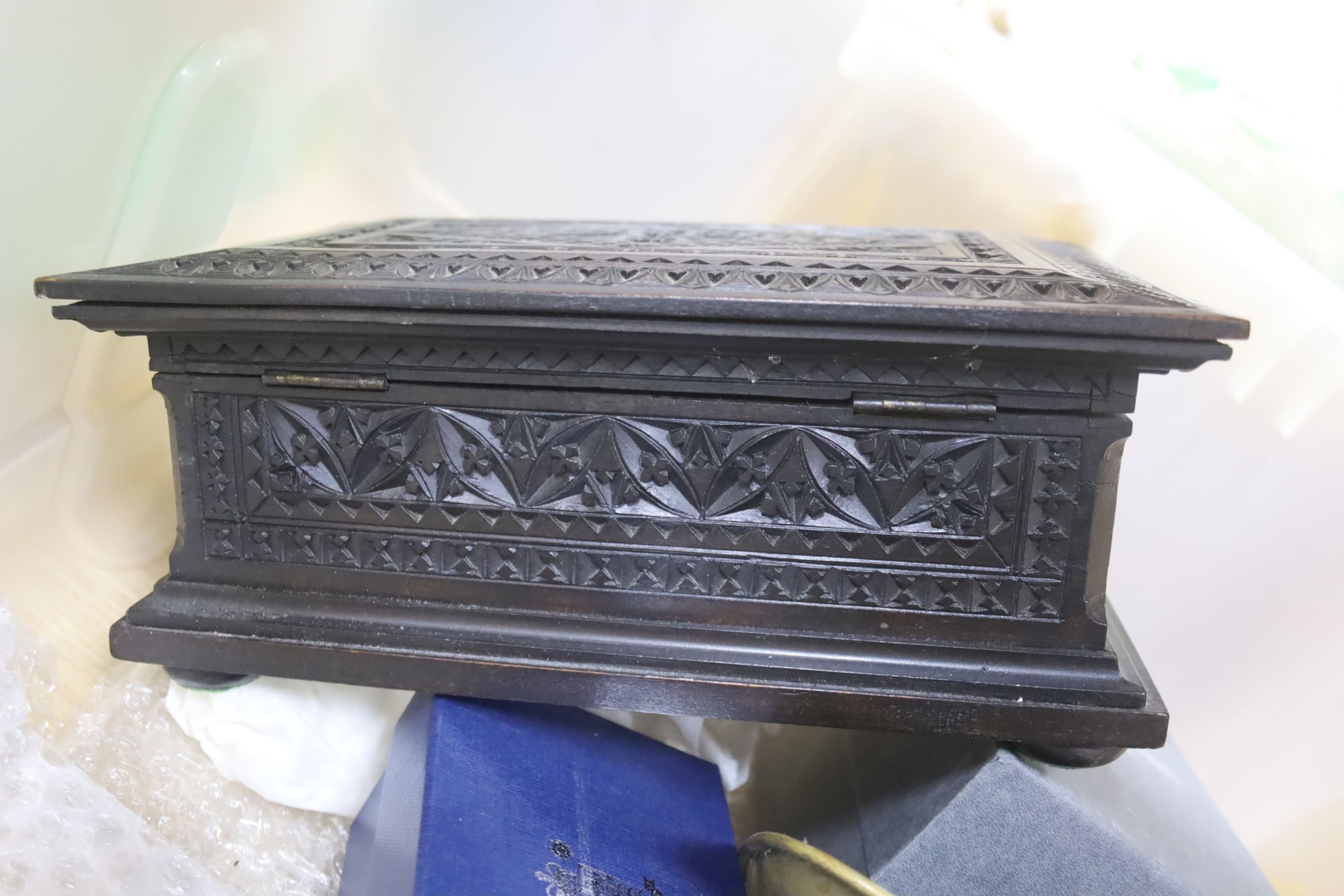 A Tudric pewter tray, other metalware, chip carved box, etc